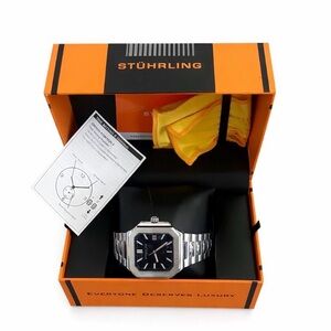Men's Stührling Silver/Black Tank Watch NEW brushed Stainless Steel black face